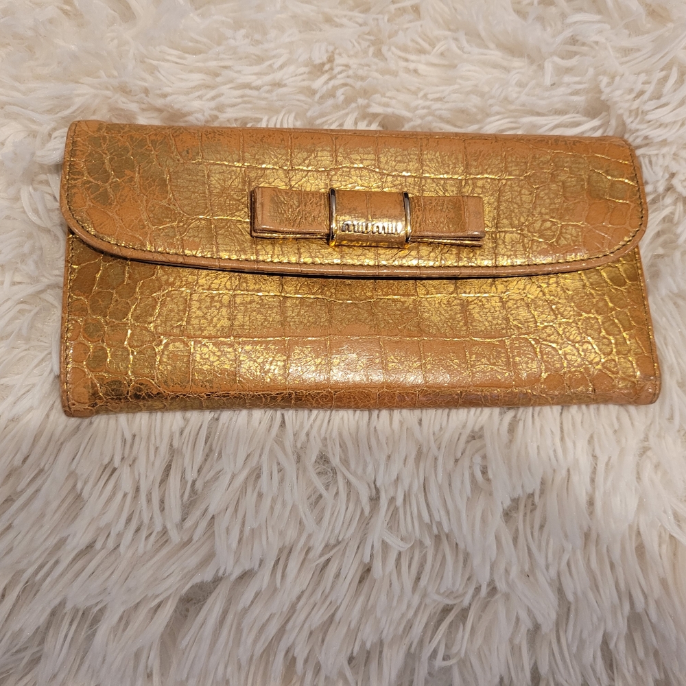 Miu Miu Gold Metallic Clutch with Textured Finish